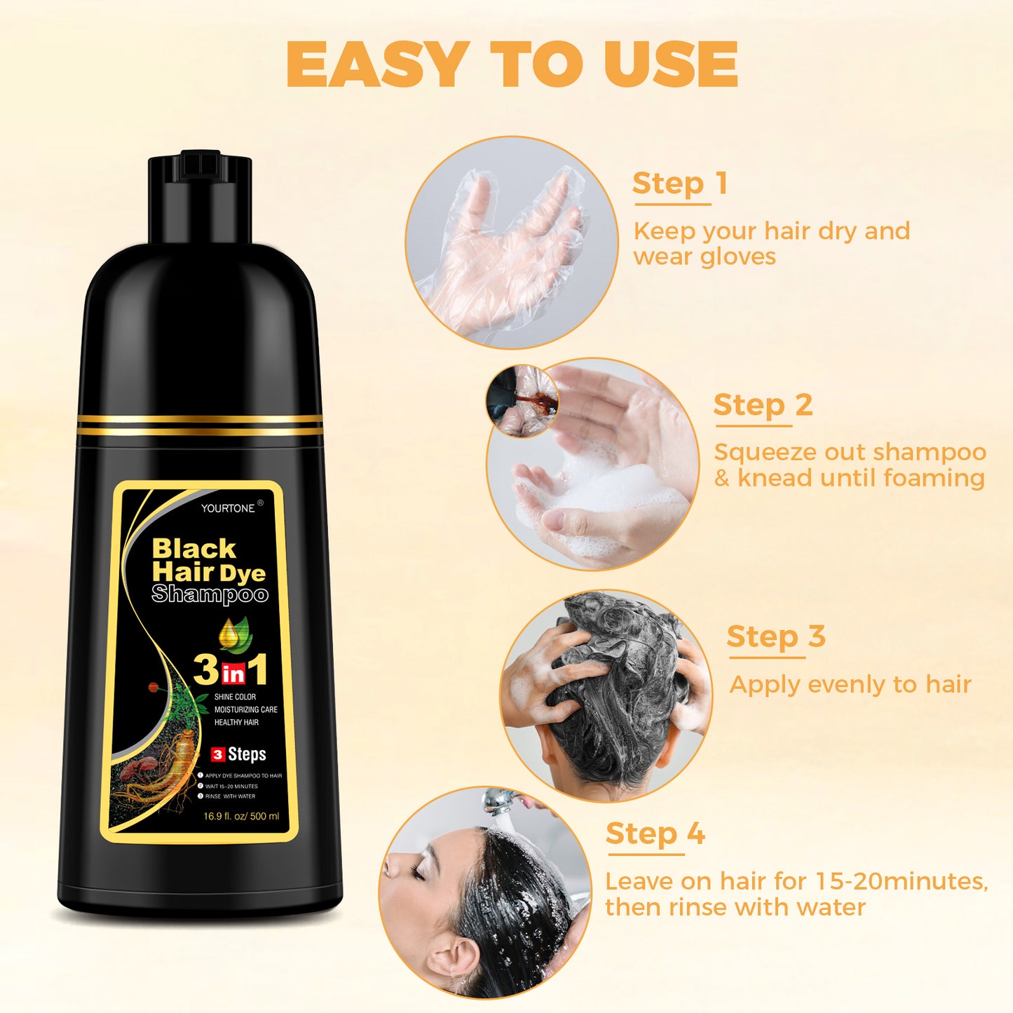 Black Hair Dye Shampoo 3 in 1 for Gray Hair Coverage, Hair Color Shampoo for Women Men, Herbal Ingredients Champu Para Pintar el Cabello (16.9 Oz)