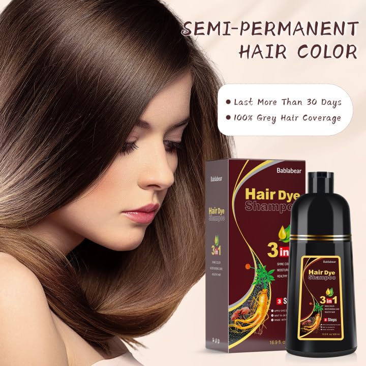 Bablabear Dark Brown Hair Color Shampoo for Gray Hair 500ML Instant Hair Dye Shampoo for Men & Women-3 in 1 Color Shampoo