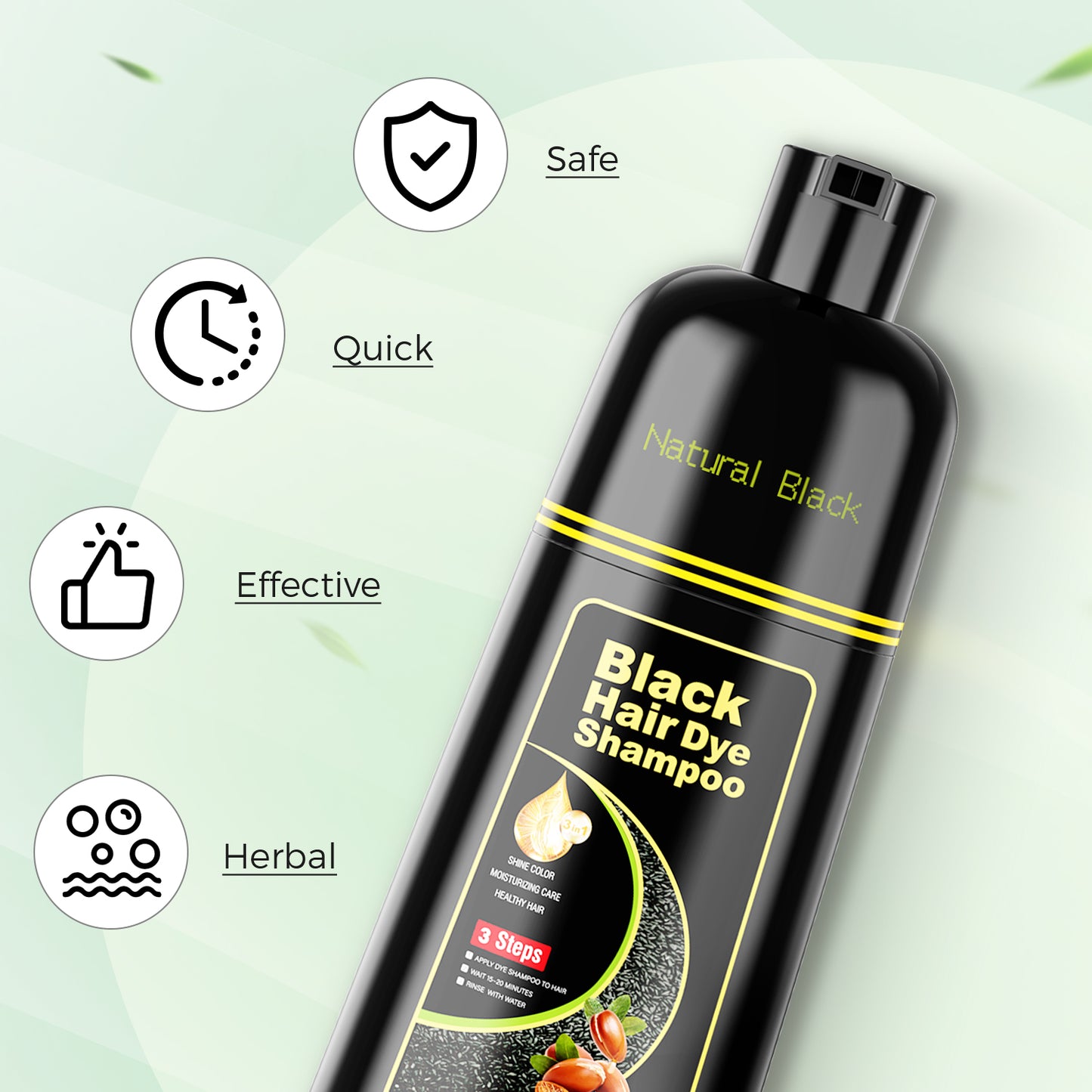 Black Hair Dye Shampoo 3 in 1,Argan Natural Herbal Formula Hair Color Shampoo Covers Gray Hair for Women and Men (16.9 fl.oz Black)