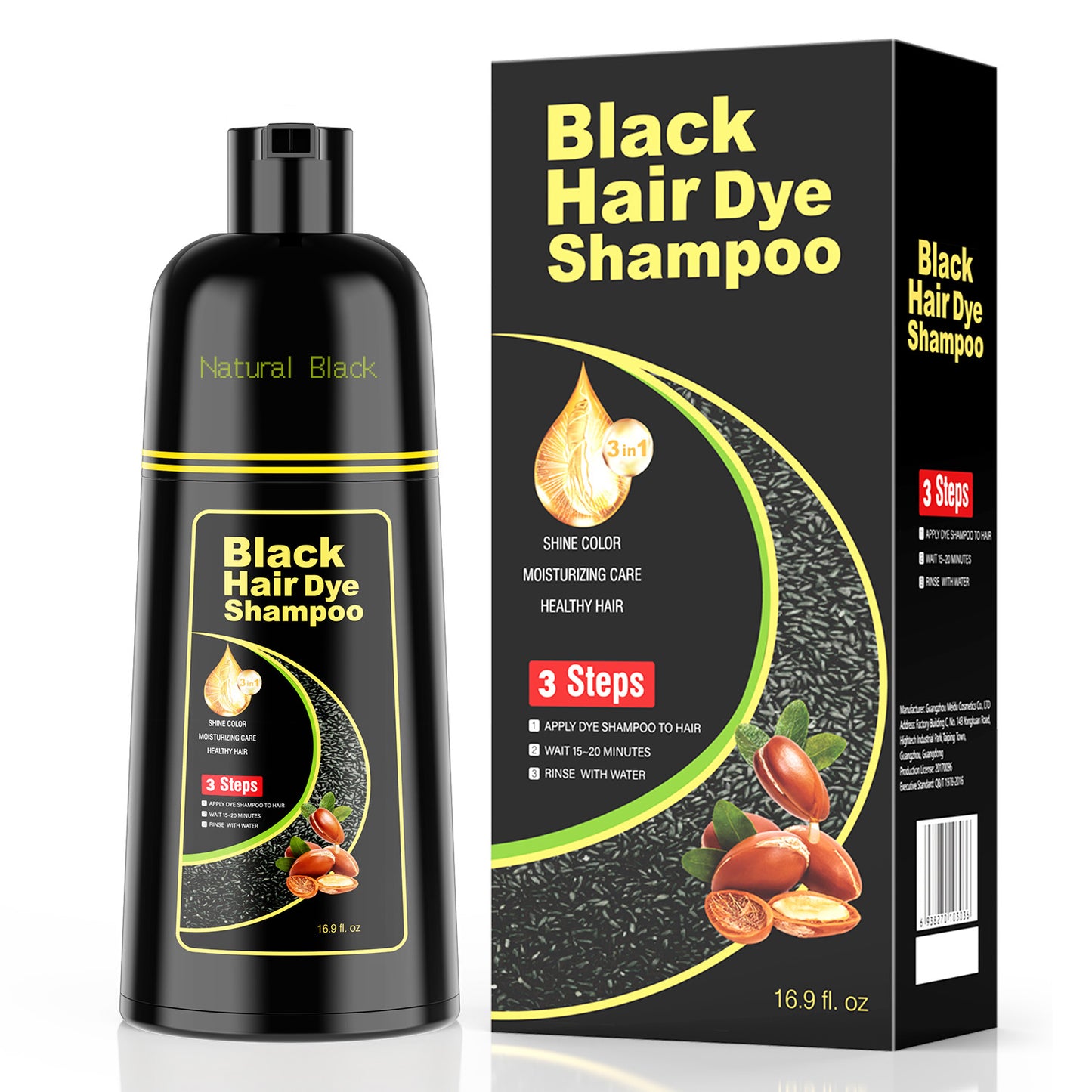 Black Hair Dye Shampoo 3 in 1，Argan Natural Herbal Formula Hair Color Shampoo Covers Gray Hair for Women and Men (16.9 fl.oz Black)