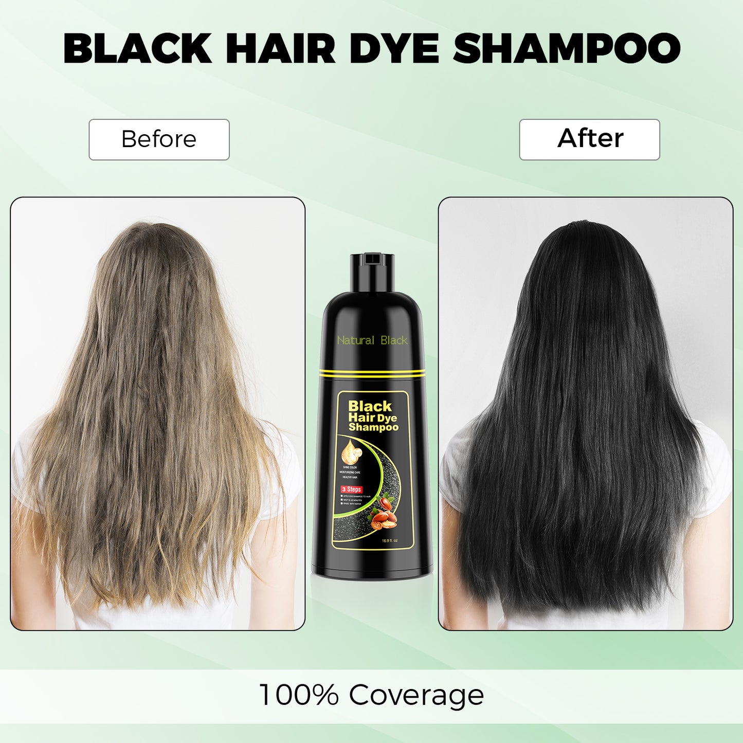 Black Hair Dye Shampoo 3 in 1，Argan Natural Herbal Formula Hair Color Shampoo Covers Gray Hair for Women and Men (16.9 fl.oz Black)