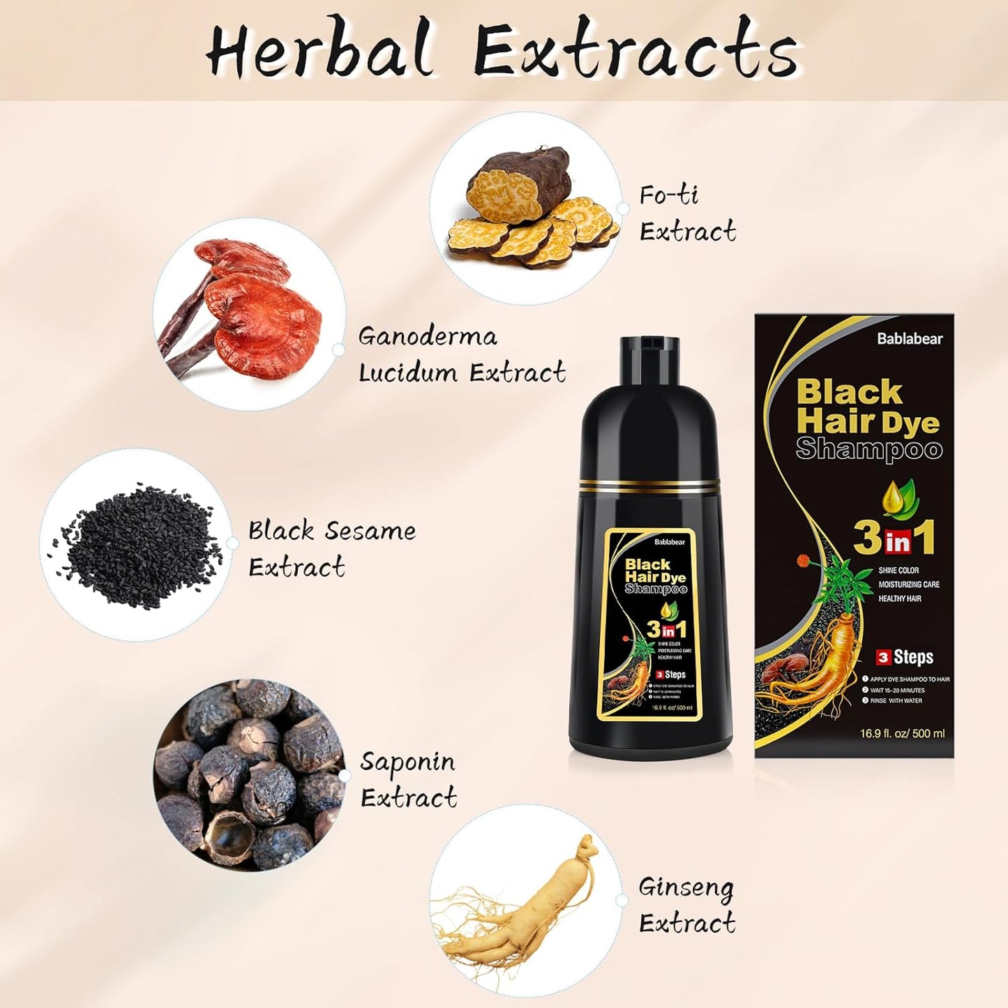 Bablabear Black Hair Dye Shampoo for Gray Hair, Semi-Permanent Hair Color Shampoo for Women and Men, Herbal Ingredients, 3 in 1 100% Grey Coverage.Lasts 30 Days/500ml/Natural herbal Ingredients