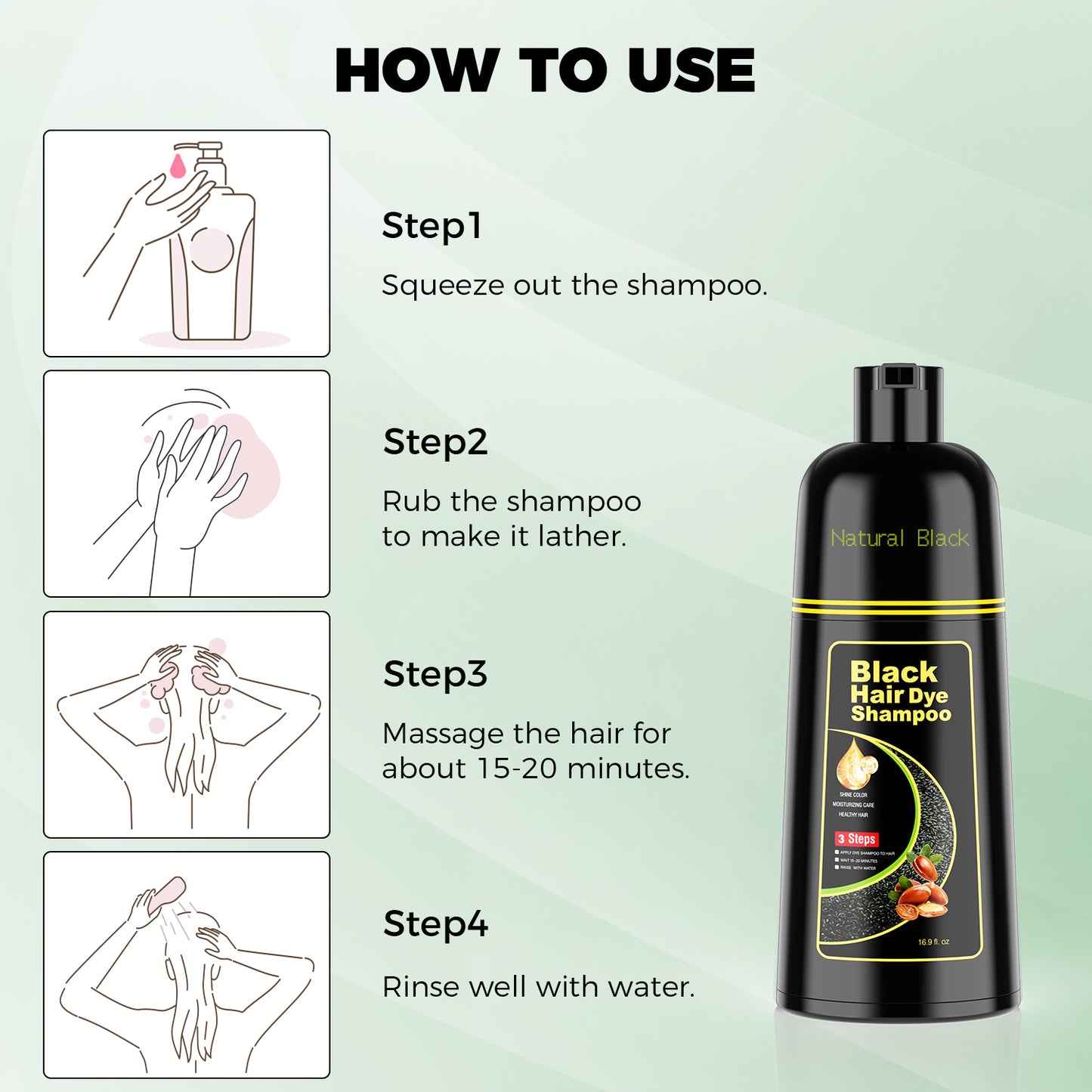 Black Hair Dye Shampoo 3 in 1，Argan Natural Herbal Formula Hair Color Shampoo Covers Gray Hair for Women and Men (16.9 fl.oz Black)