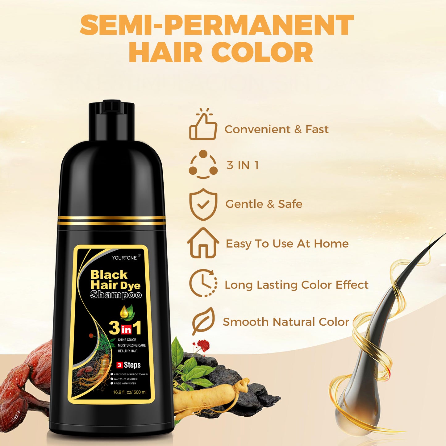 Black Hair Dye Shampoo 3 in 1 for Gray Hair Coverage, Hair Color Shampoo for Women Men, Herbal Ingredients Champu Para Pintar el Cabello (16.9 Oz)
