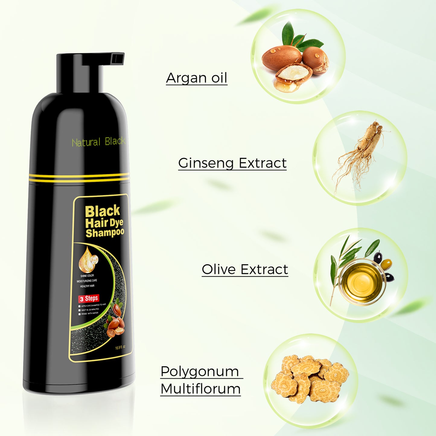 Black Hair Dye Shampoo 3 in 1，Argan Natural Herbal Formula Hair Color Shampoo Covers Gray Hair for Women and Men (16.9 fl.oz Black)