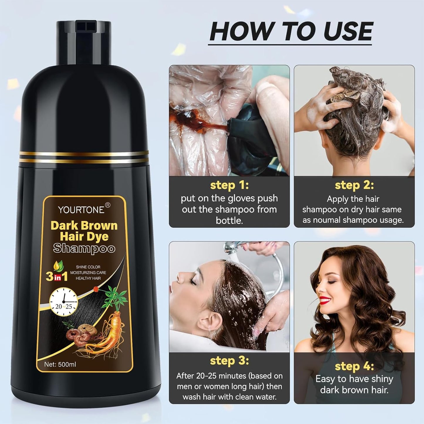 Dark Brown Hair Dye Shampoo 3 IN 1, Hair Color Shampoo for Gray Hair Coverage for Women Men, Herbal Formula with Ammonia-free Ingredients, Lasts up to 30 Days (16.9 Fl Oz)